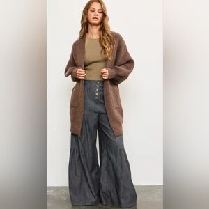 Charcoal Button Front Tiered Wide-Leg Pants